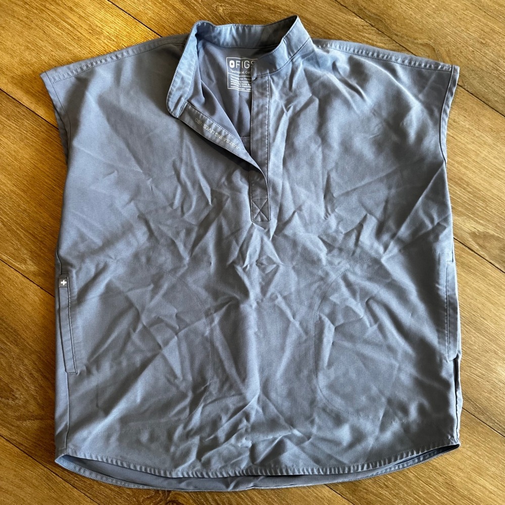 FIGS Technical Collection Scrub Top XS Blue Grey Mandarin Collar Short Sleeve